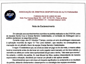 Associação de Árbitros divulga Nota, esclarecendo lance polêmico no jogo Santa Cruz x Granja Barreiro/Celebridades